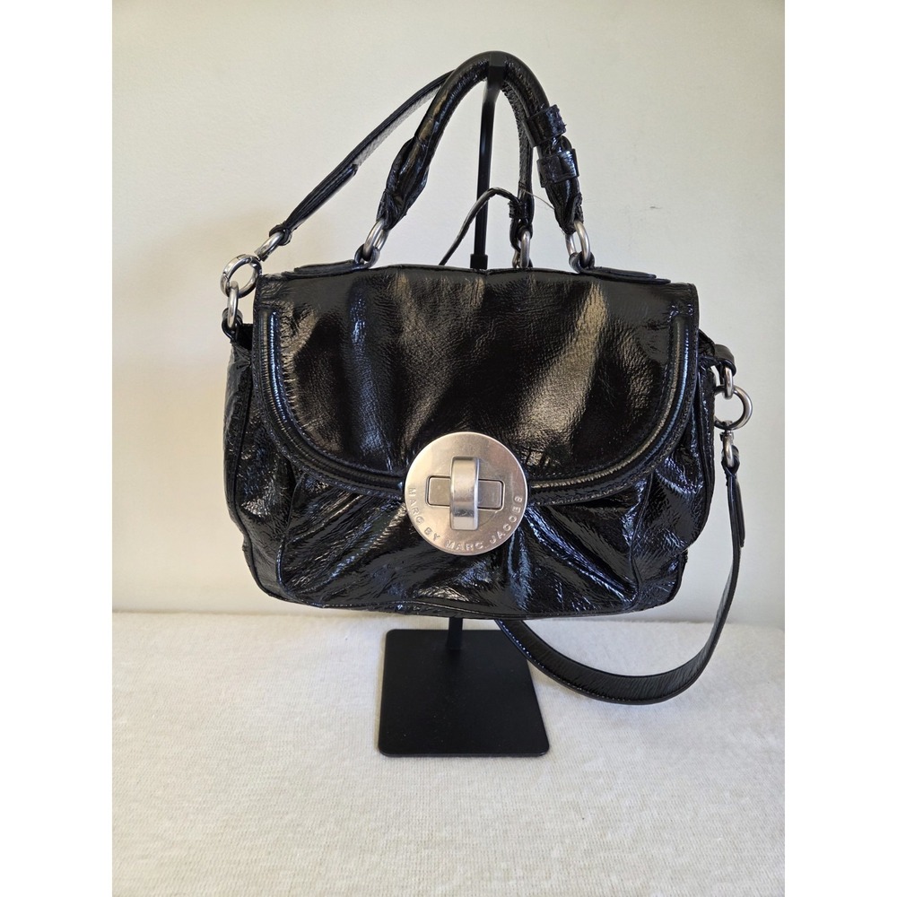 Marc by Marc Jacobs Black Patent Leather Turnlock Satchel Bag Shoulder Strap...